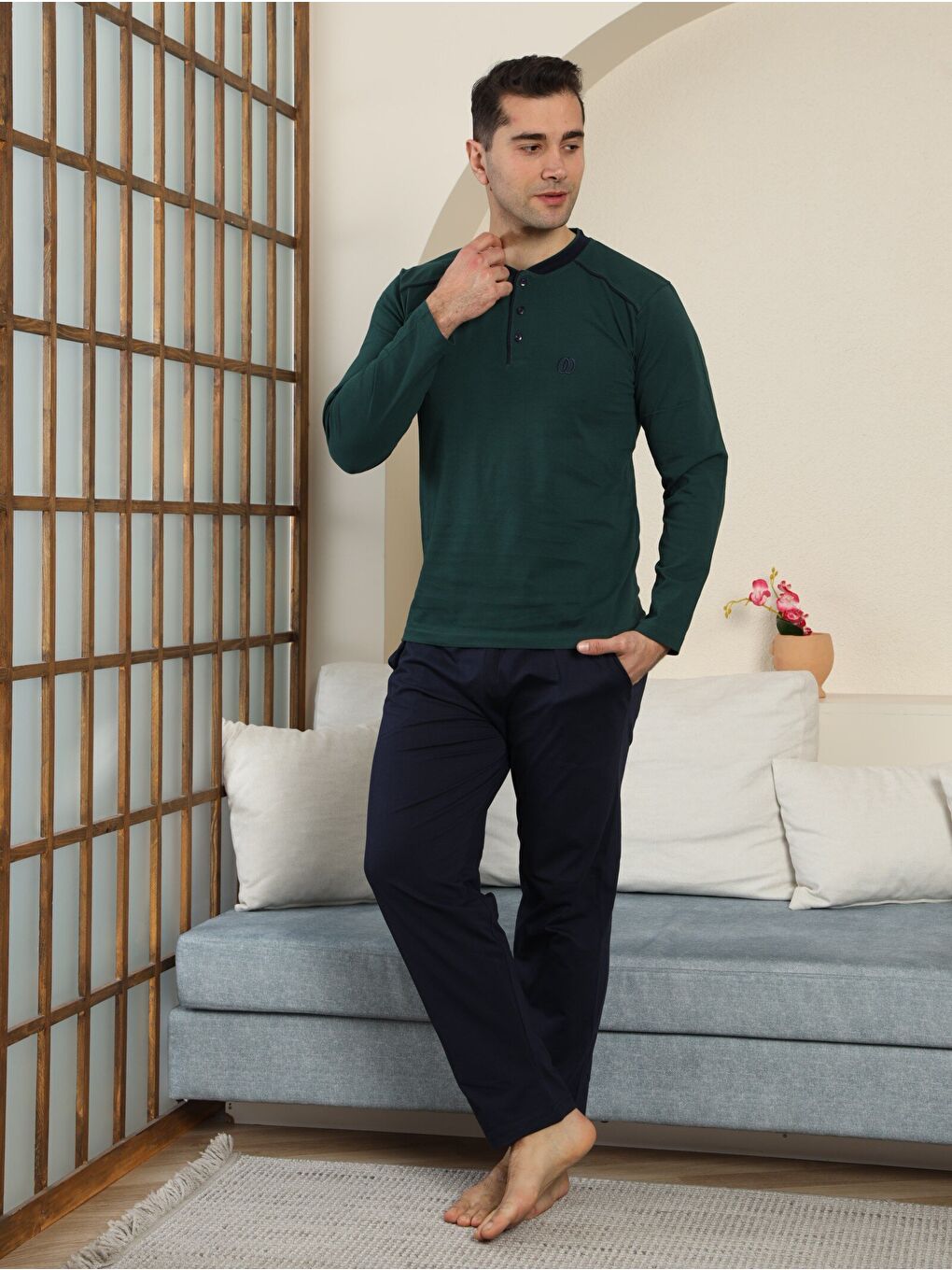 Haki PREMIUM Erkek %100 Doğal Pamuk Biyeli Yüksek Kaliteli Düğmeli Uzun Kollu Pijama Takımı-2