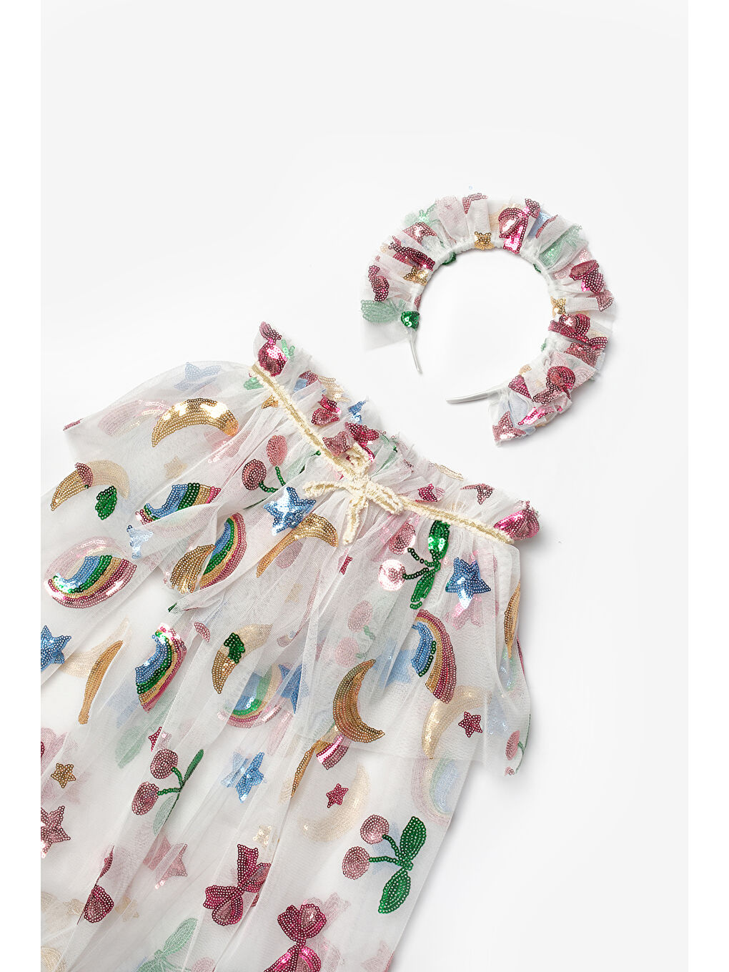 Beyaz Pullu ve Kiraz Desenli Kız Çocuk Parti Pelerin Taç Set-4