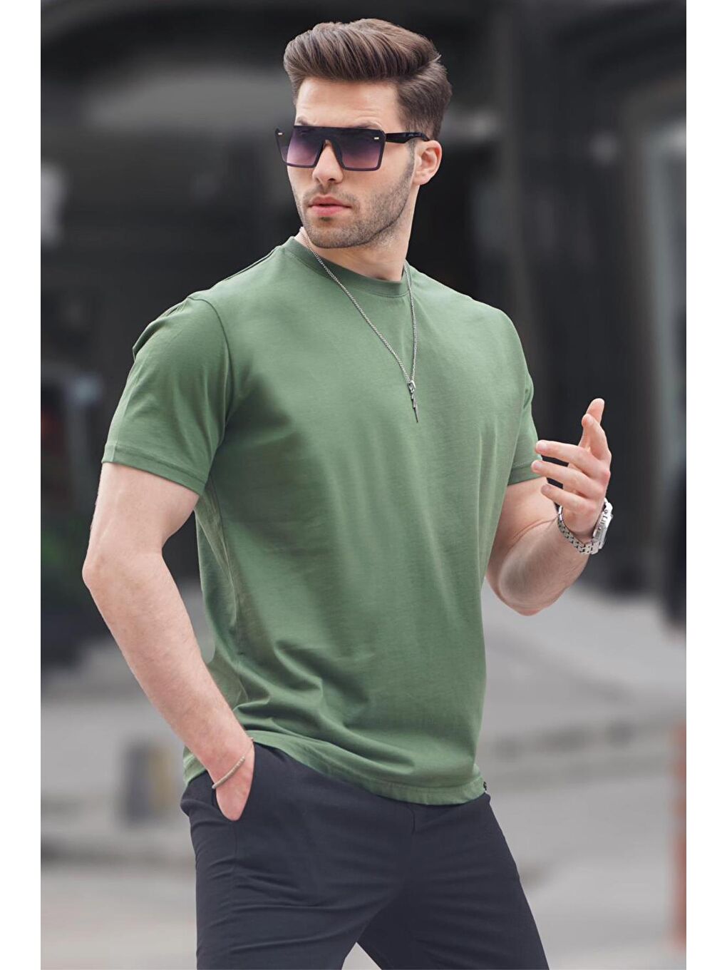 Haki Yeşili Regular Fit Basic Erkek %100 Pamuk Tişört 6131