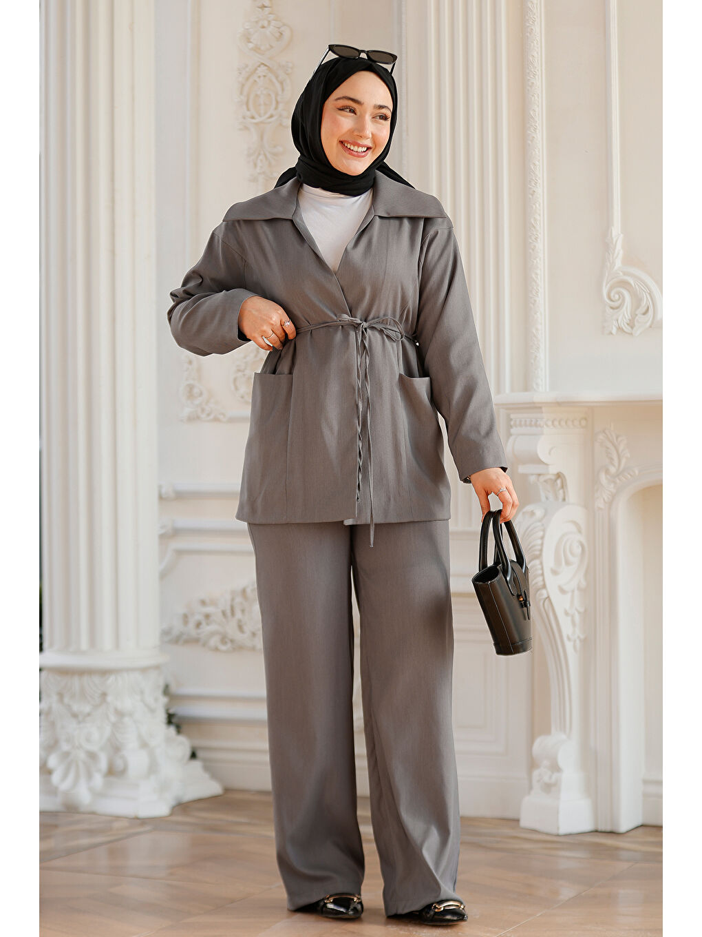 Kadın Yaka Detaylı Kuşaklı İkili Takım Antrasit-1