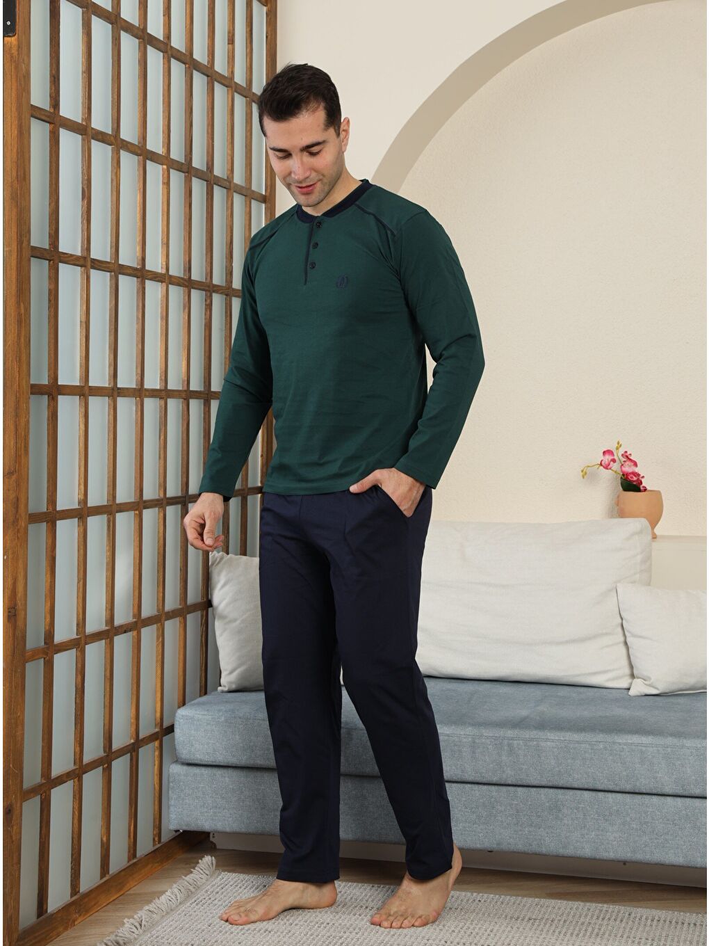 Haki PREMIUM Erkek %100 Doğal Pamuk Biyeli Yüksek Kaliteli Düğmeli Uzun Kollu Pijama Takımı-3