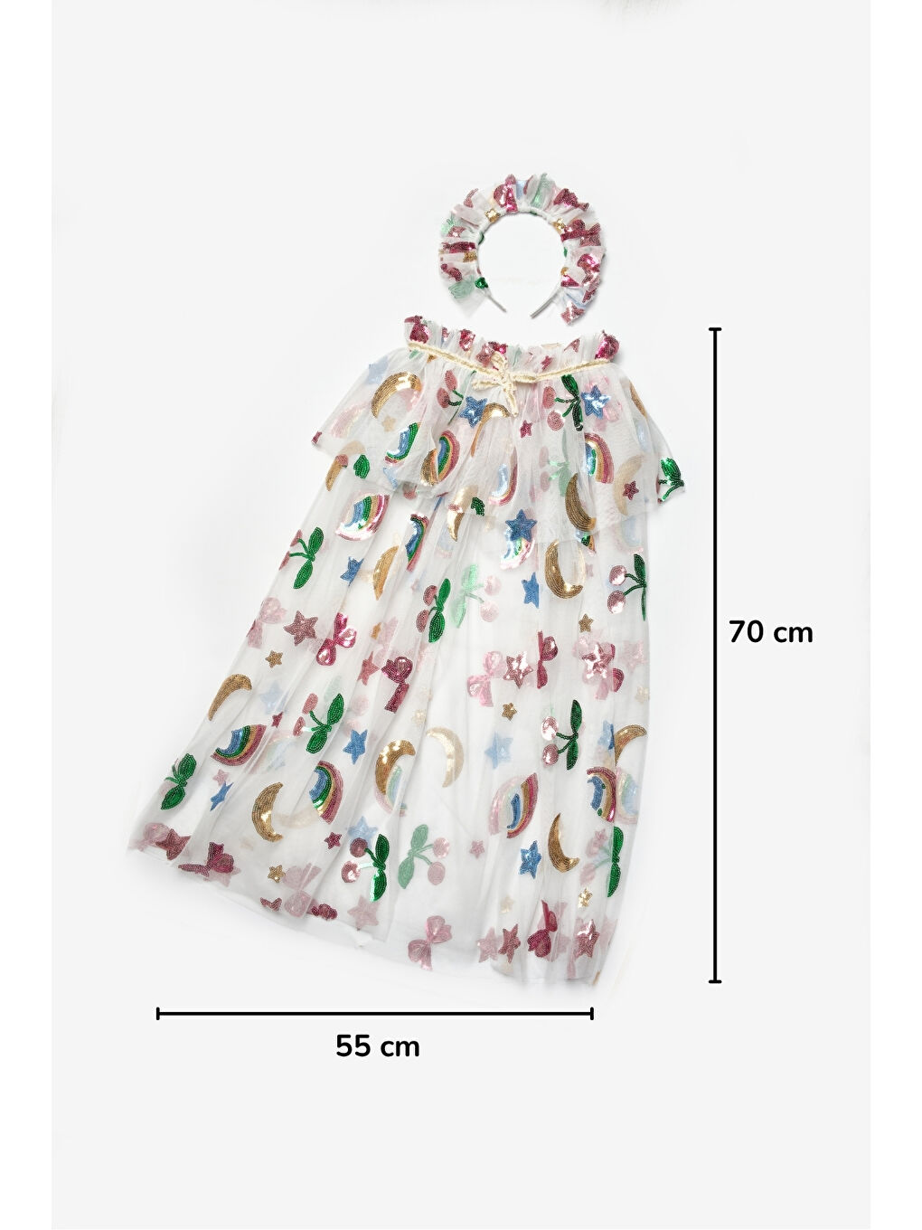 Beyaz Pullu ve Kiraz Desenli Kız Çocuk Parti Pelerin Taç Set-5