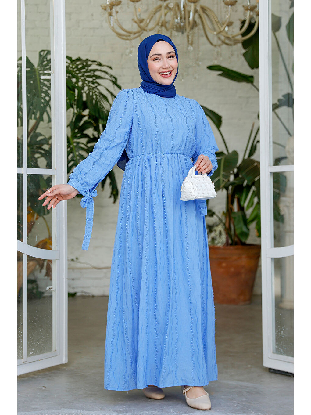 Kadın Kol Bağlamalı Jakar Elbise Mavi-1