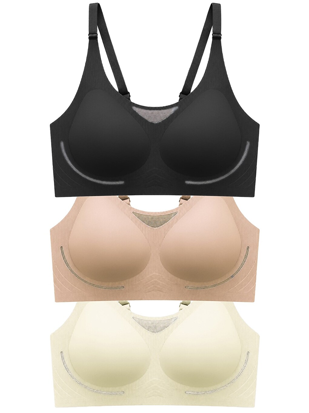 Siyah Seamless Bra - Avena | Lazer Kesim Balensiz Çizgi Dokulu Tül Detaylı Kadın Sütyen 3'Lü Paket-2