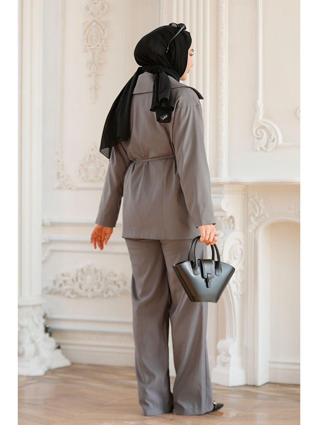 Kadın Yaka Detaylı Kuşaklı İkili Takım Antrasit-4