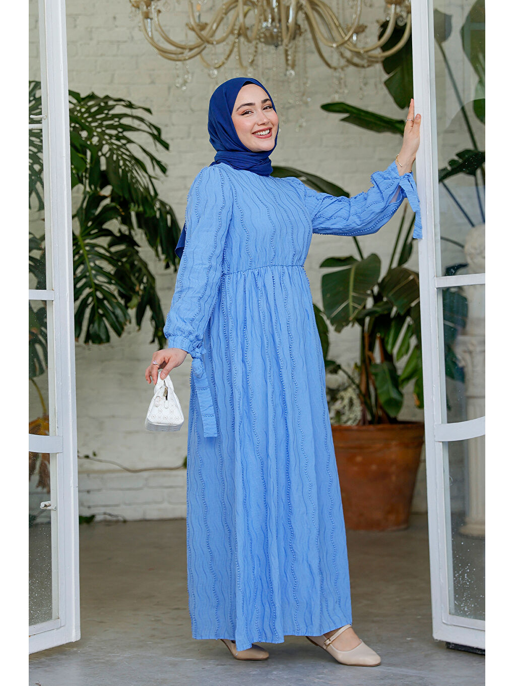 Kadın Kol Bağlamalı Jakar Elbise Mavi-2