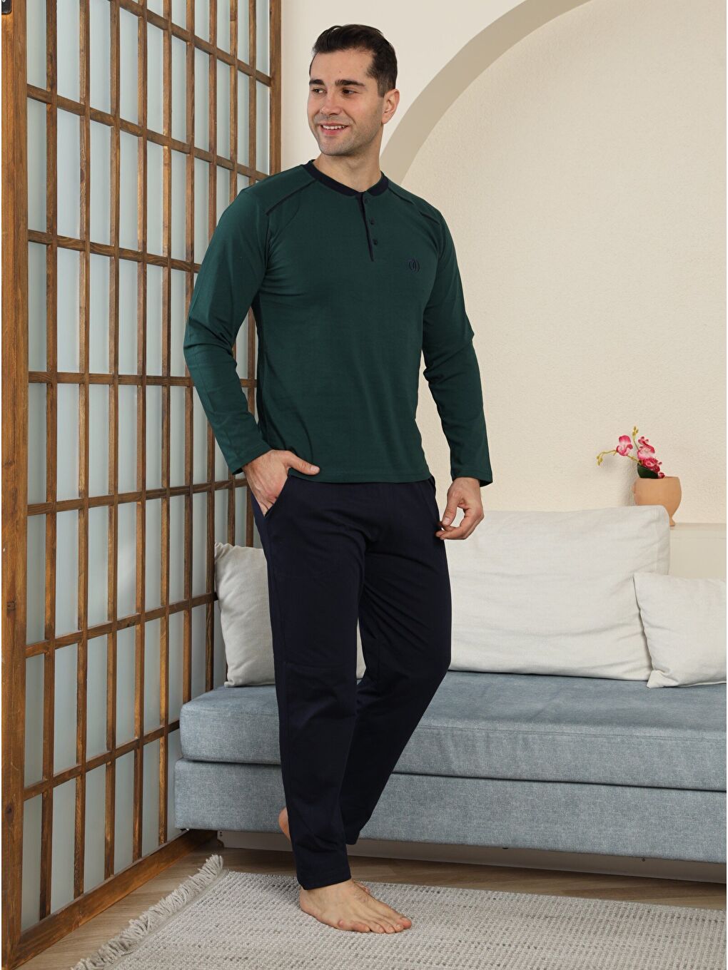 Haki PREMIUM Erkek %100 Doğal Pamuk Biyeli Yüksek Kaliteli Düğmeli Uzun Kollu Pijama Takımı-4