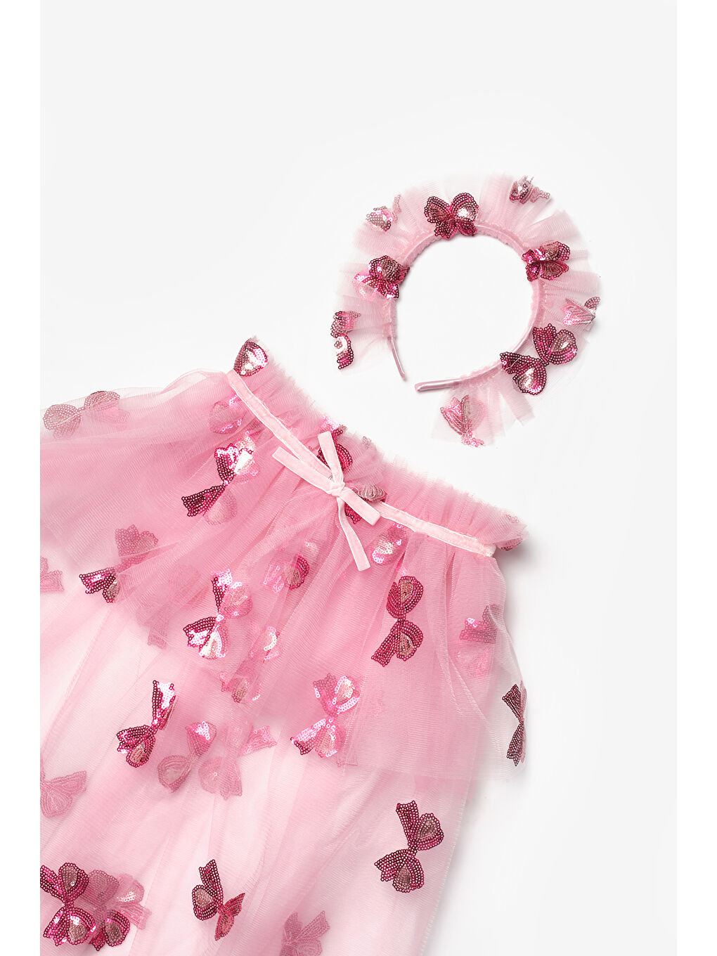 Pembe Pullu Fiyonk Desenli Kız Çocuk Parti Pelerin Taç Set-4