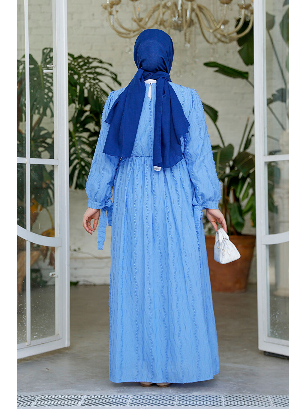 Kadın Kol Bağlamalı Jakar Elbise Mavi-3