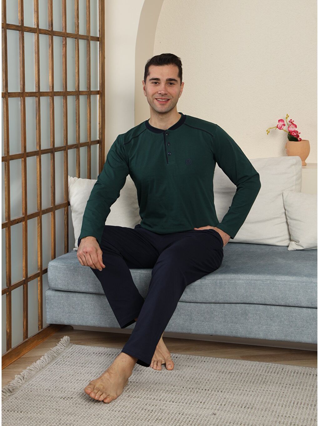 Haki PREMIUM Erkek %100 Doğal Pamuk Biyeli Yüksek Kaliteli Düğmeli Uzun Kollu Pijama Takımı-5