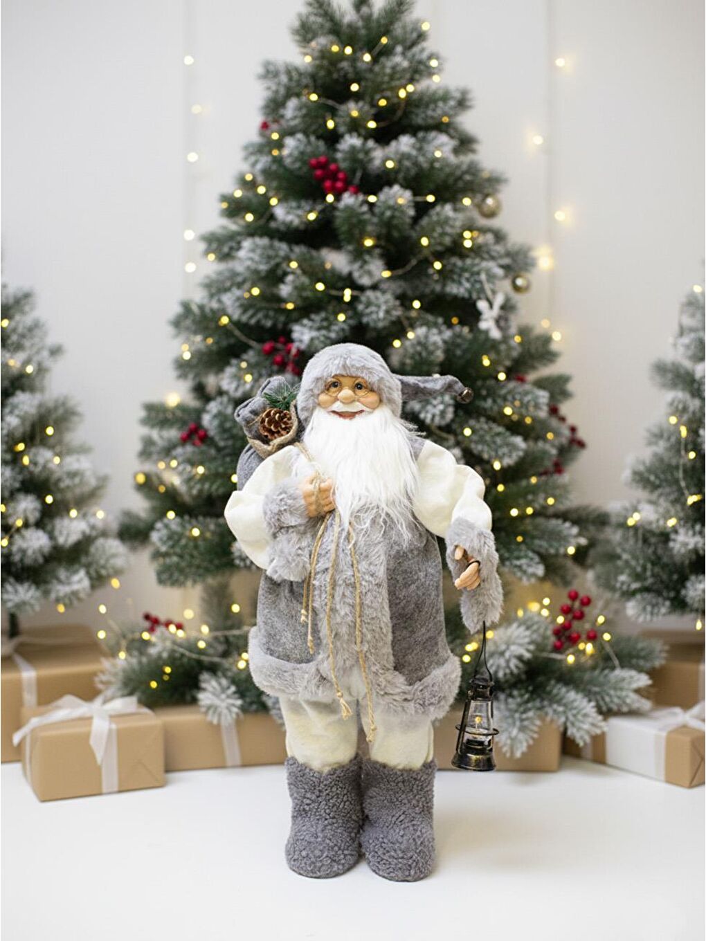 Yılbaşı Dekoru Gri Kürklü Noel Baba Figürlü Süsleme Aksesuarı 60 Cm