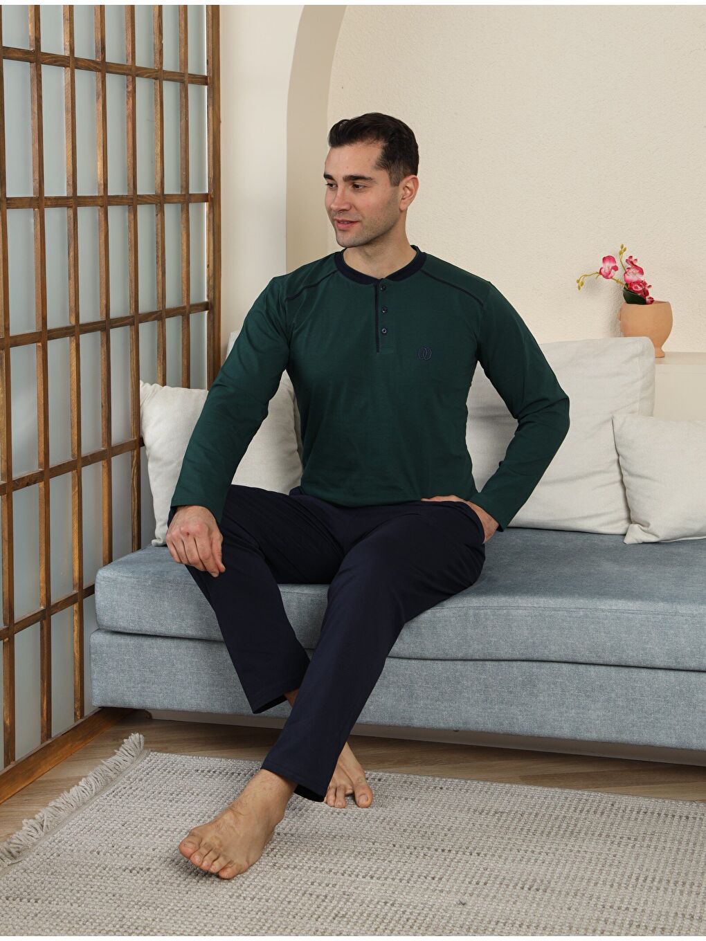 Haki PREMIUM Erkek %100 Doğal Pamuk Biyeli Yüksek Kaliteli Düğmeli Uzun Kollu Pijama Takımı-6