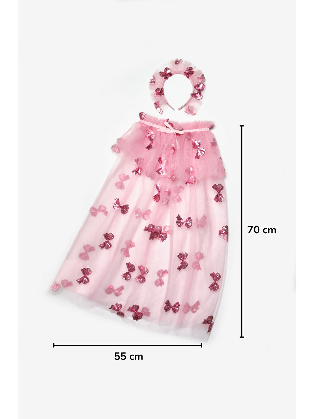 Pembe Pullu Fiyonk Desenli Kız Çocuk Parti Pelerin Taç Set-5