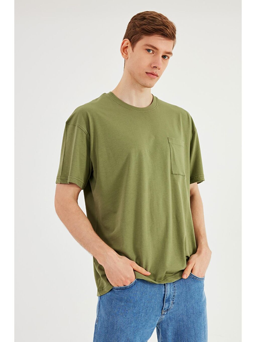 MMETALIC Haki Leo Erkek Oversize Tshirt %100 Pamuk Cep Detaylı Bisiklet Yaka Basic Tişört MTLCE75 - 3