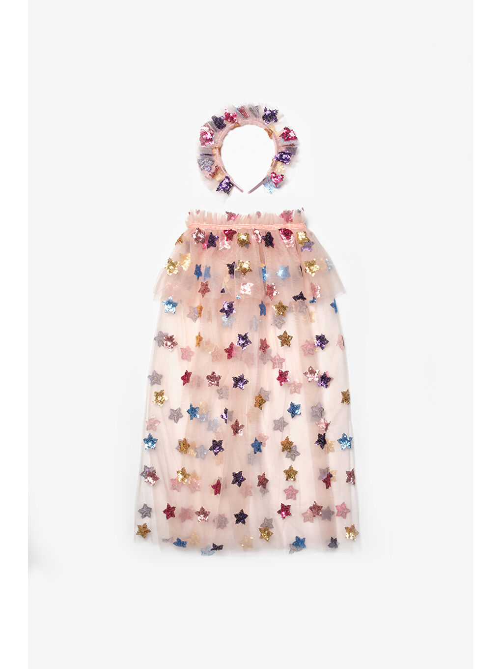 Pembe Pudra Pullu Yıldız Desenli Kız Çocuk Parti Pelerin Taç Set-1