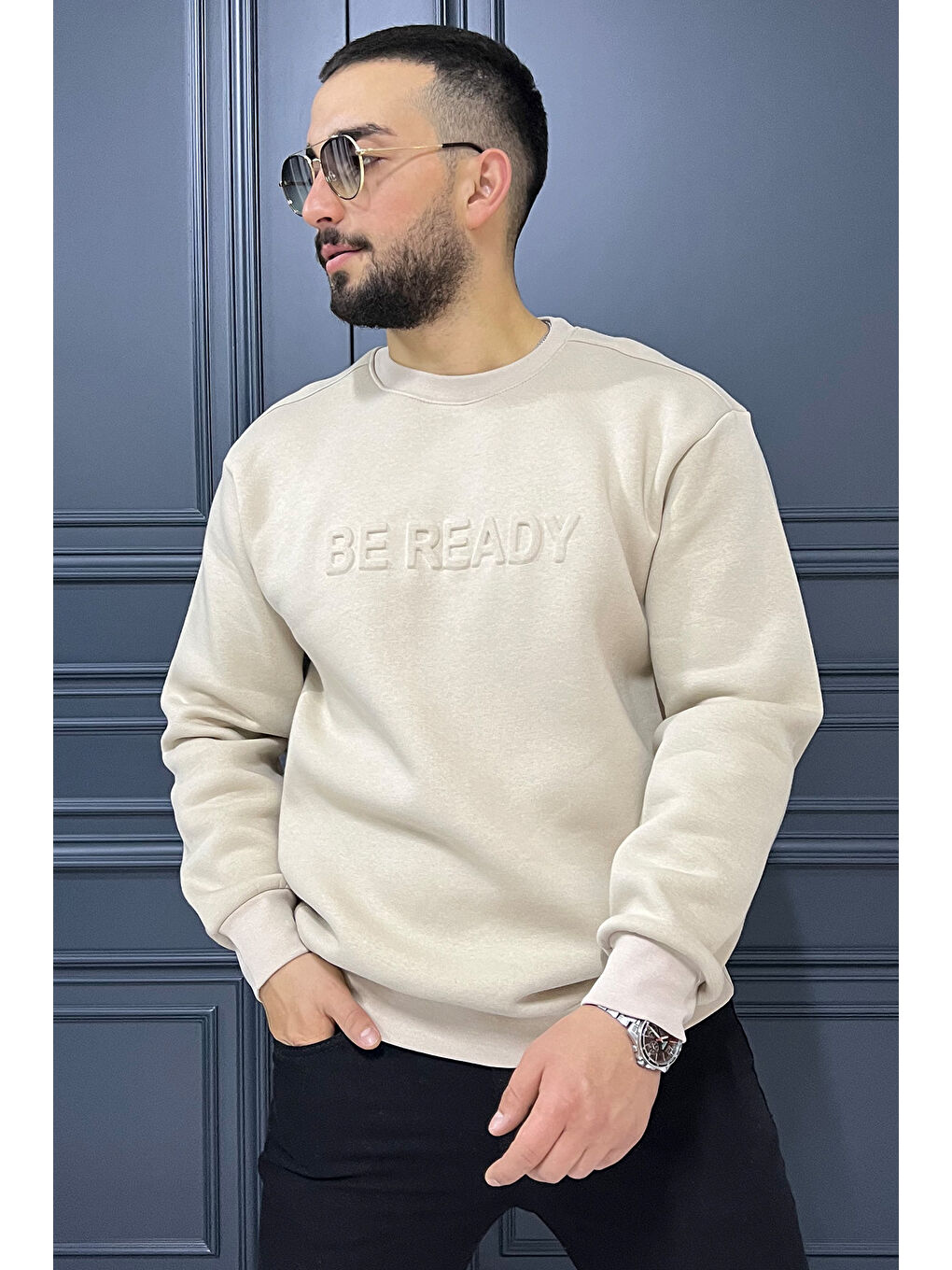 Mishar İtalia Bej Kabartma Yazılı Bisiklet Yaka Erkek Sweatshirt