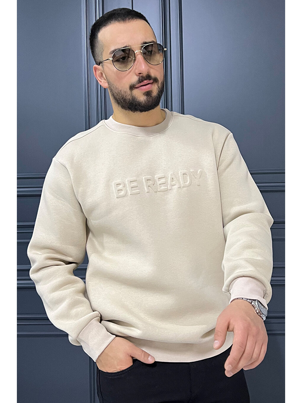 Mishar İtalia Bej Kabartma Yazılı Bisiklet Yaka Erkek Sweatshirt - 1