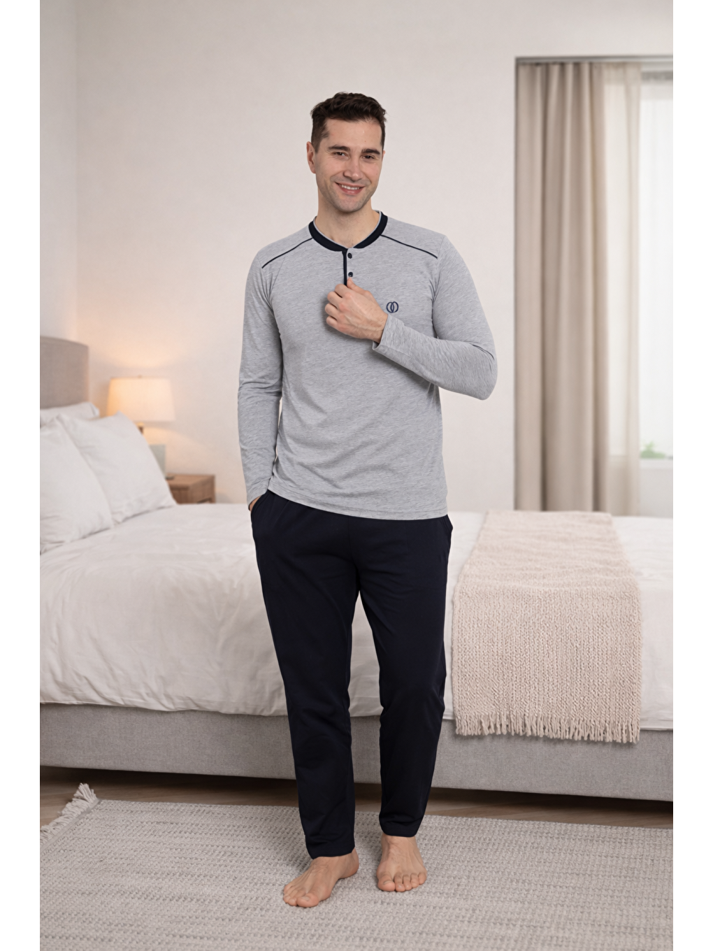 Gri PREMIUM Erkek %100 Doğal Pamuk Biyeli Yüksek Kaliteli Düğmeli Uzun Kollu Pijama Takımı