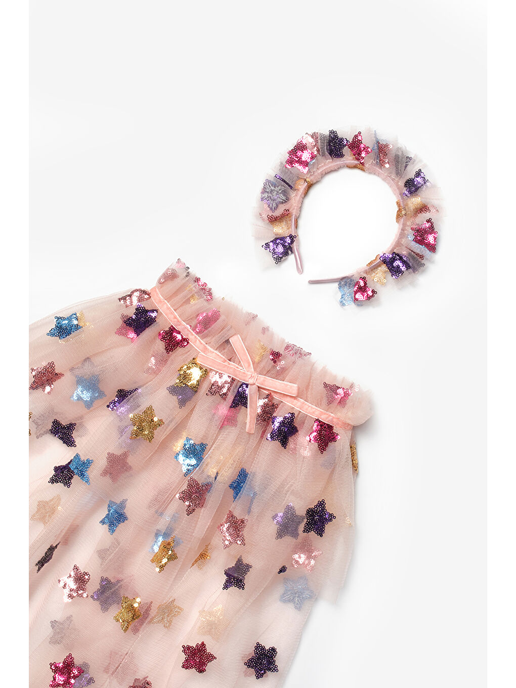 Pembe Pudra Pullu Yıldız Desenli Kız Çocuk Parti Pelerin Taç Set-2