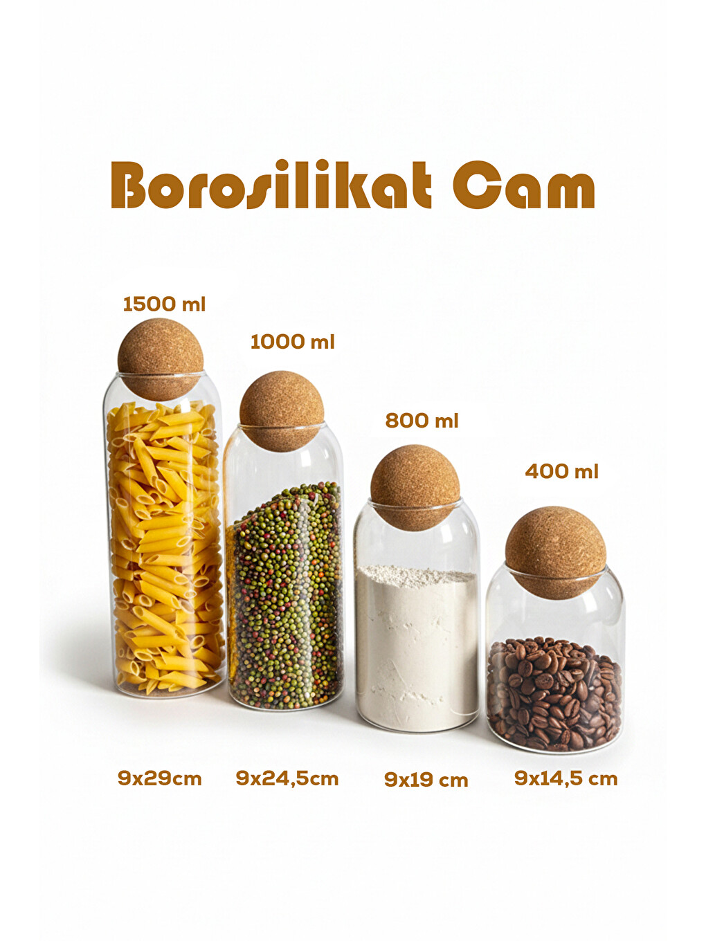 Renksiz 4lü Ahşap Mantar Top Kapaklı Borosilikat Cam Kavanoz Seti Saklama Kabı-1