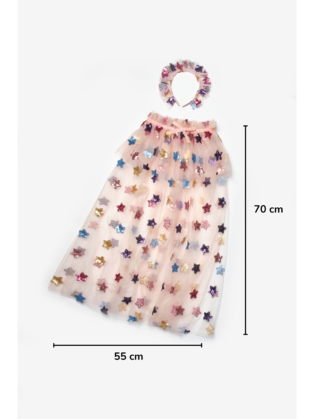 Pembe Pudra Pullu Yıldız Desenli Kız Çocuk Parti Pelerin Taç Set-3