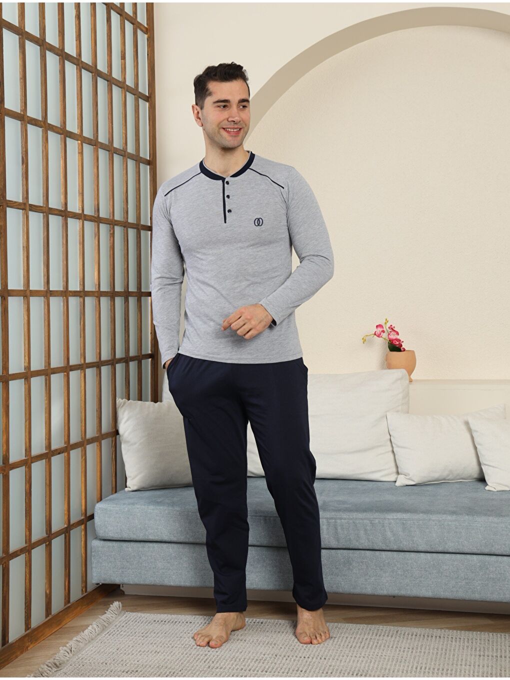 Gri PREMIUM Erkek %100 Doğal Pamuk Biyeli Yüksek Kaliteli Düğmeli Uzun Kollu Pijama Takımı-1