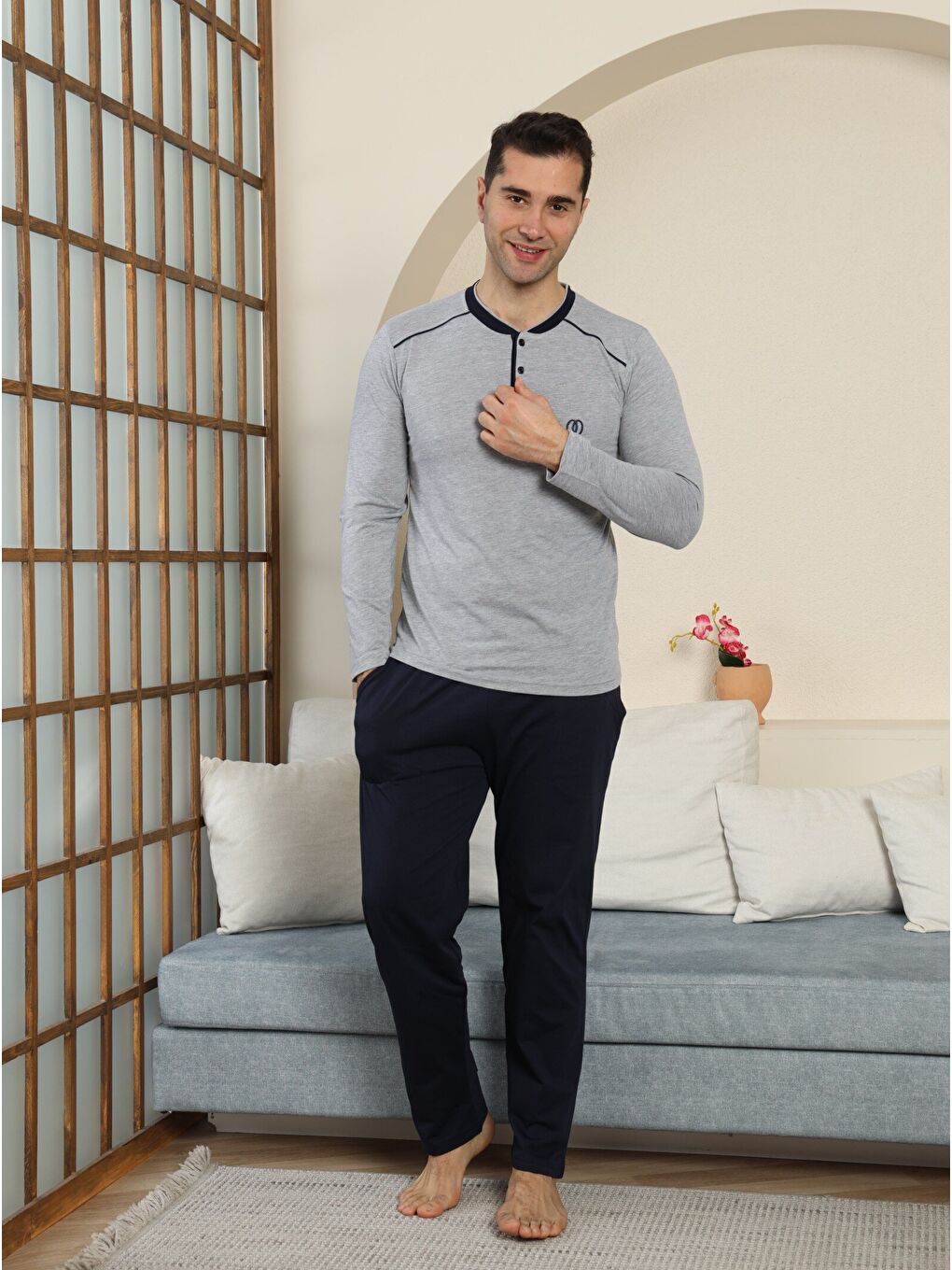 Gri PREMIUM Erkek %100 Doğal Pamuk Biyeli Yüksek Kaliteli Düğmeli Uzun Kollu Pijama Takımı-2