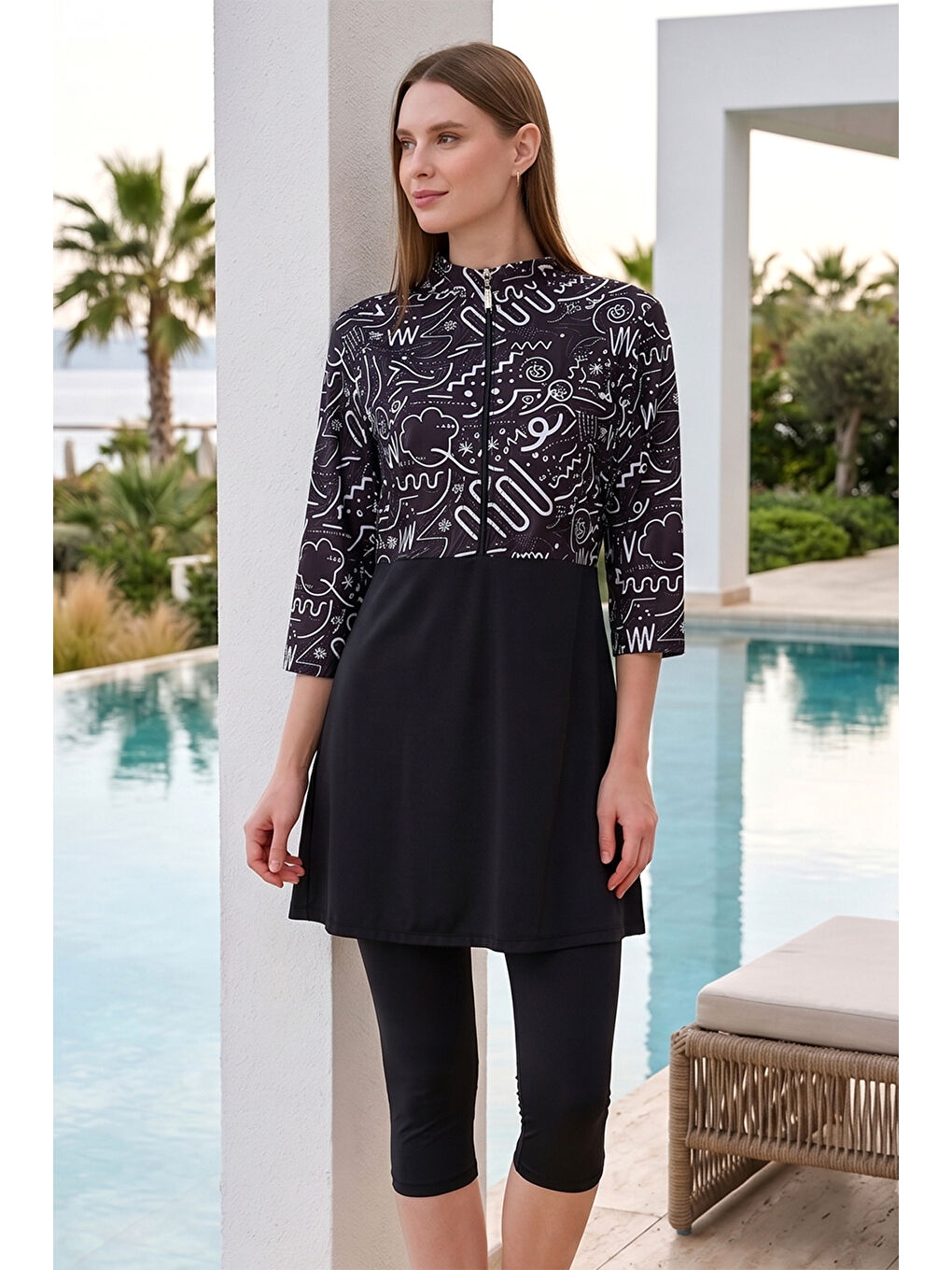 Kısa Kollu Taytlı Elastanlı Truvakar Kol Yarı Kapalı Mayo 2311 Siyah