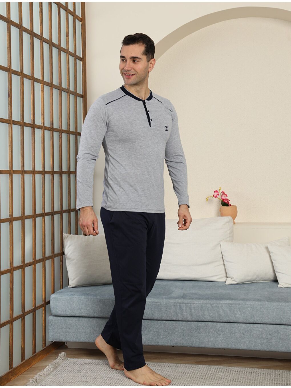 Gri PREMIUM Erkek %100 Doğal Pamuk Biyeli Yüksek Kaliteli Düğmeli Uzun Kollu Pijama Takımı-3