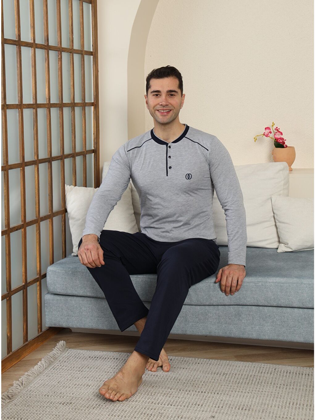 Gri PREMIUM Erkek %100 Doğal Pamuk Biyeli Yüksek Kaliteli Düğmeli Uzun Kollu Pijama Takımı-4
