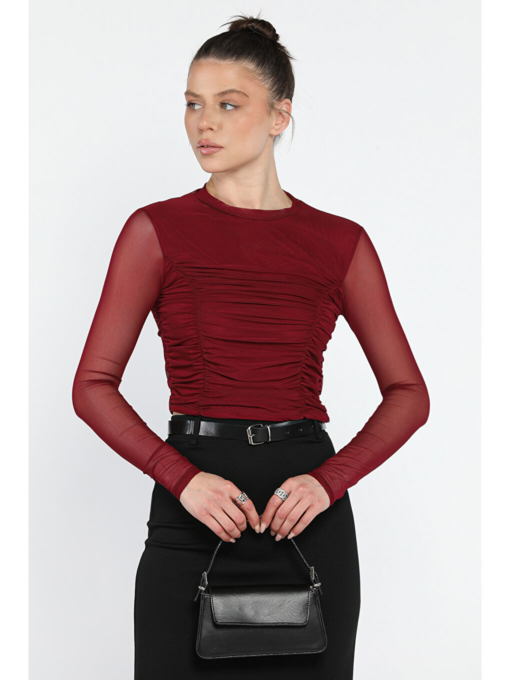 Mürdüm Bisiklet Yaka Ön Büzgülü Transparan Kadın Crop Bluz-1