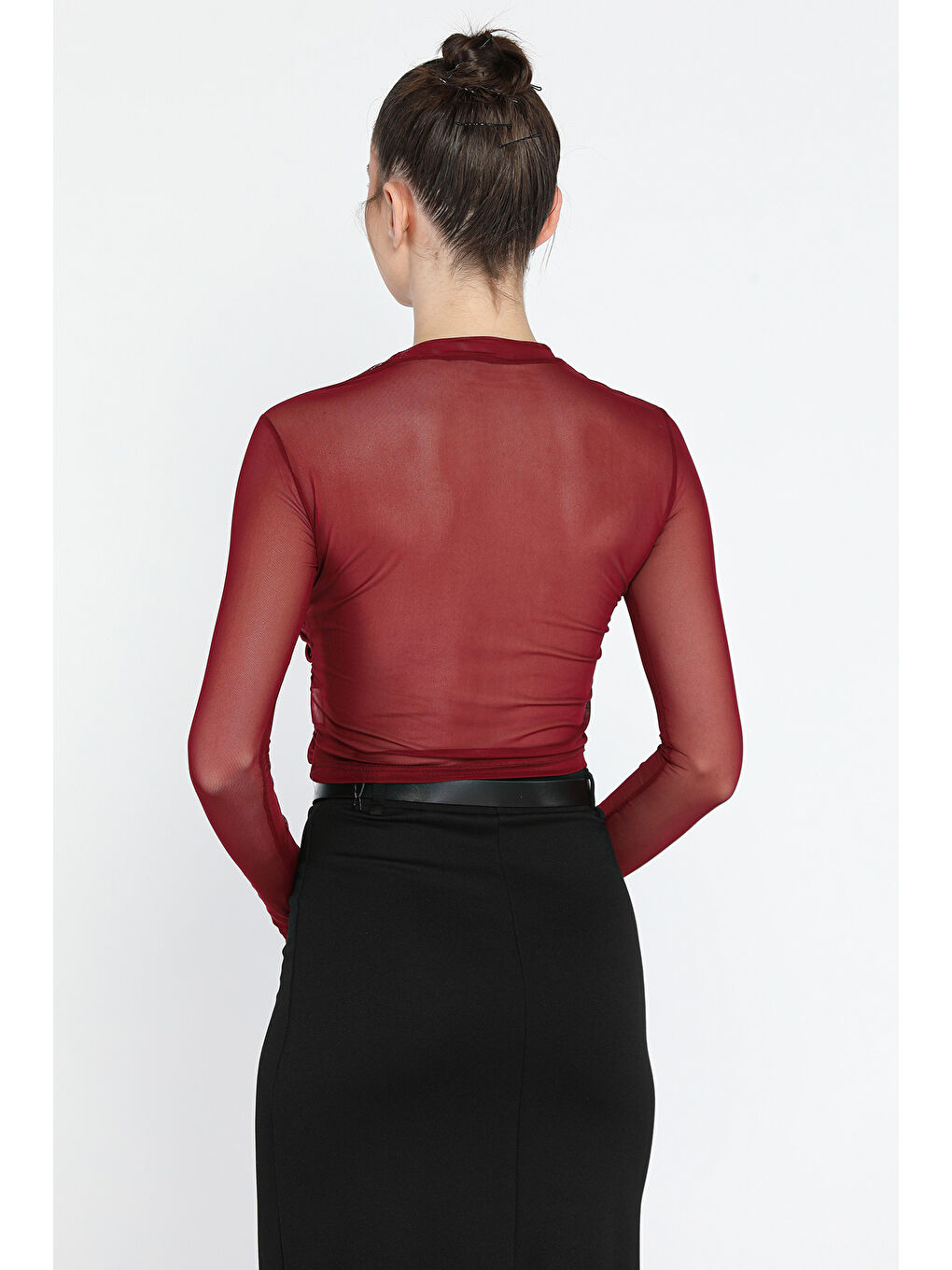 Mürdüm Bisiklet Yaka Ön Büzgülü Transparan Kadın Crop Bluz-2