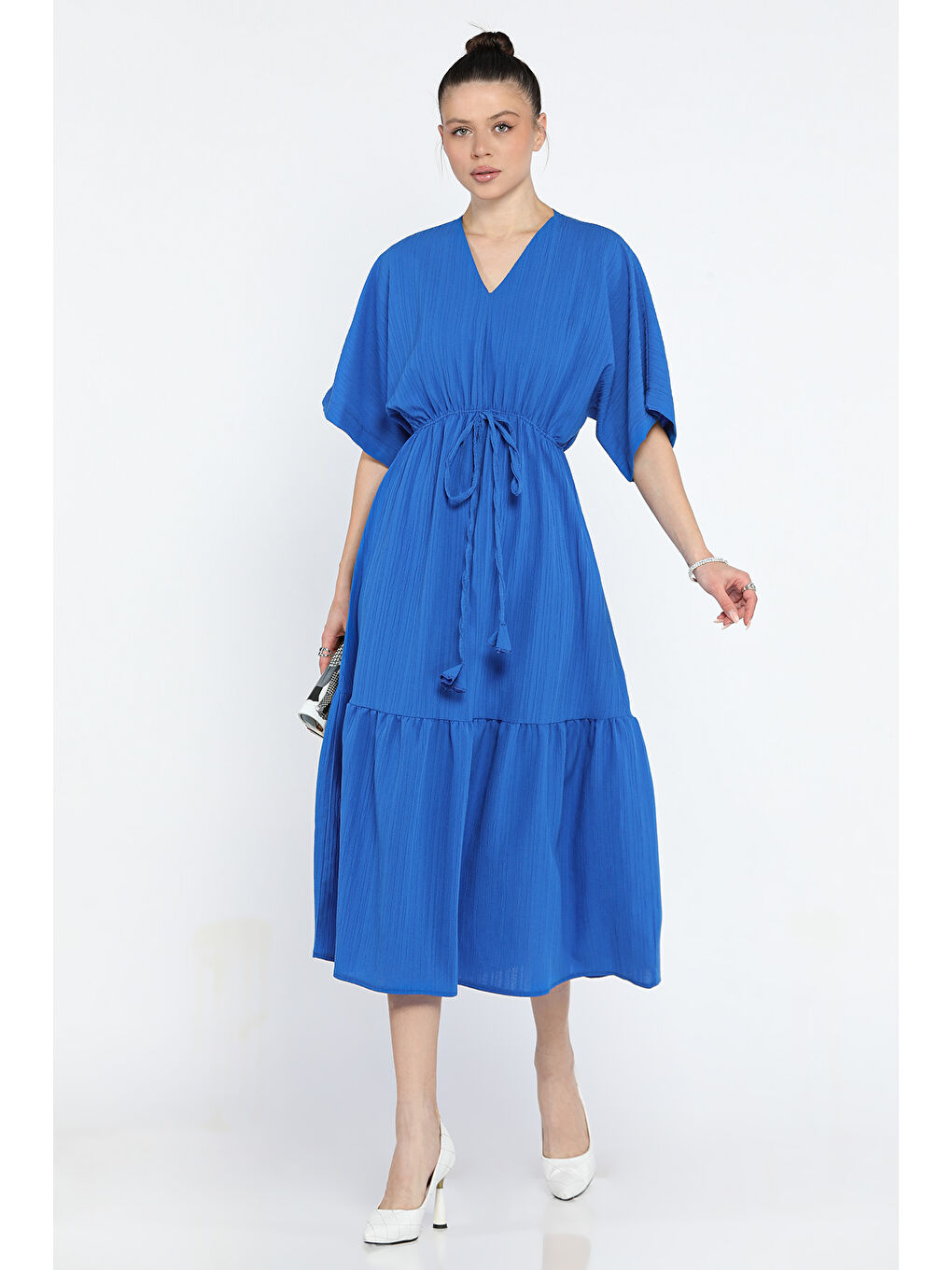 Mavi Bel Bağlamalı V Yaka Kadın Elbise-1