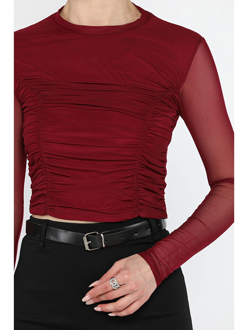 Mürdüm Bisiklet Yaka Ön Büzgülü Transparan Kadın Crop Bluz-3