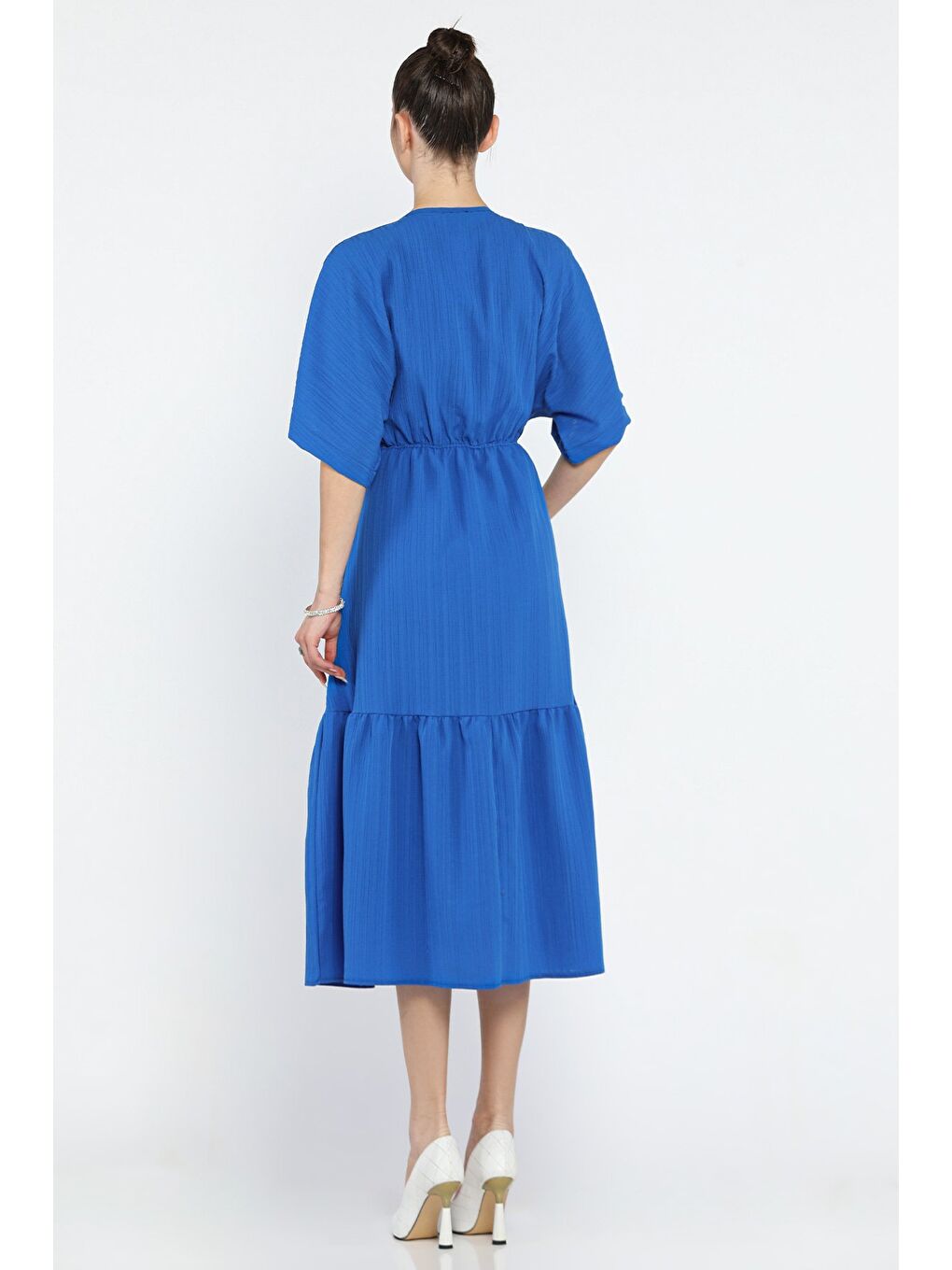 Mavi Bel Bağlamalı V Yaka Kadın Elbise-2