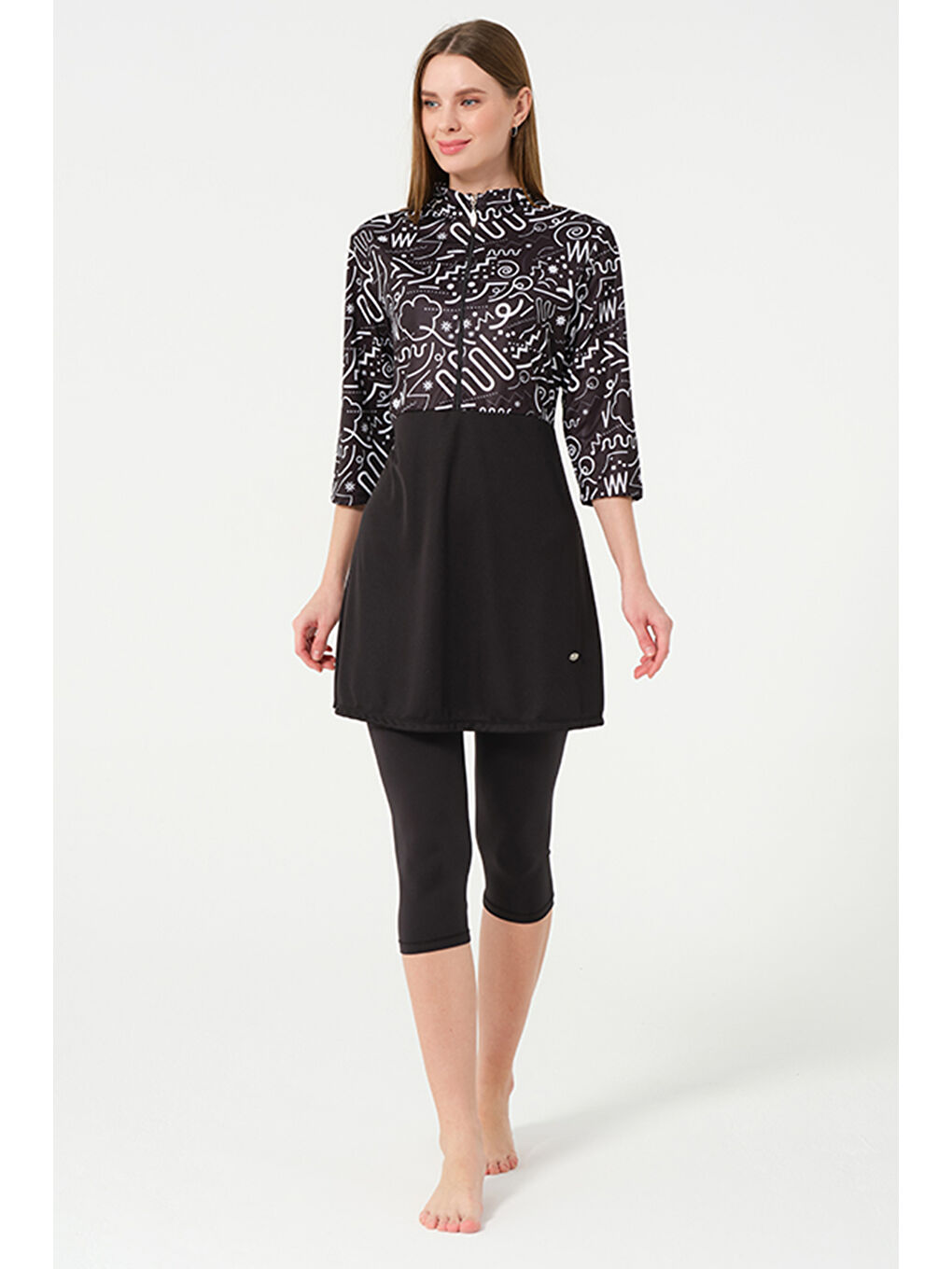 Kısa Kollu Taytlı Elastanlı Truvakar Kol Yarı Kapalı Mayo 2311 Siyah-4