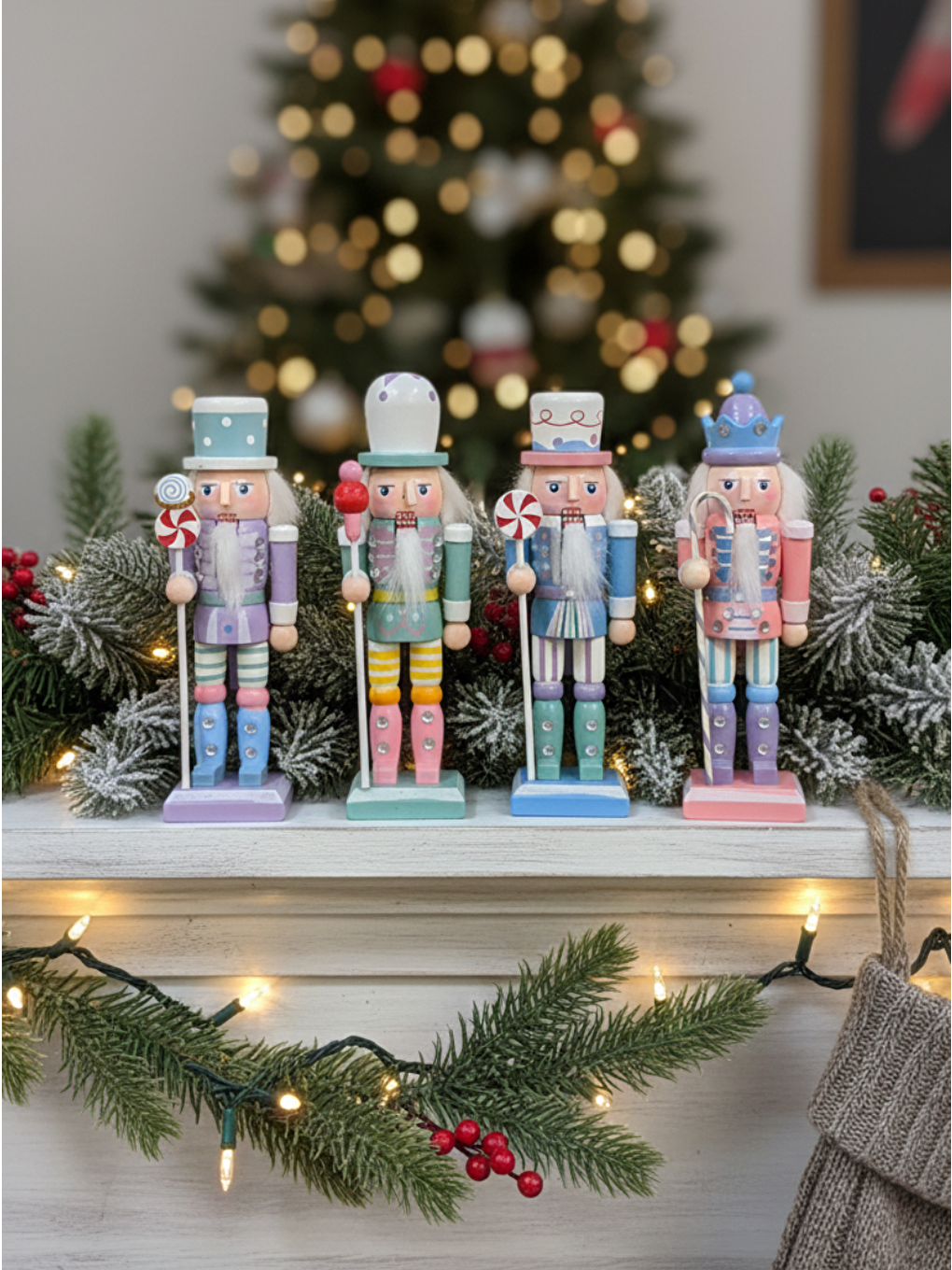 Pembe Yılbaşı Ağacı Süsleri Fındıkkıran Kurşun Asker Ağaç Süs Seti Makaron Renkli 4'lü 13 cm