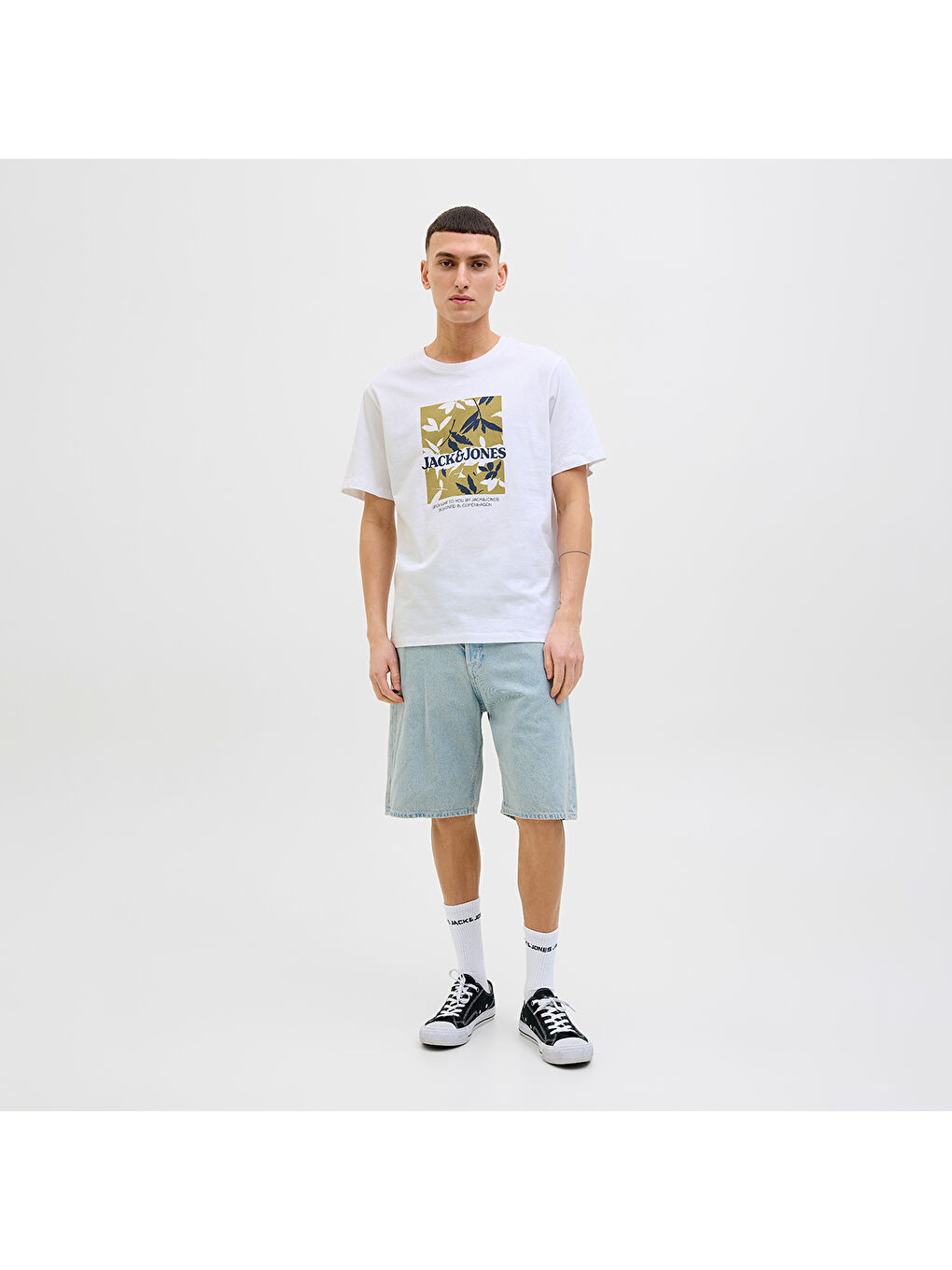 Star Erkek Beyaz Yuvarlak Yaka Spor Tişört-1