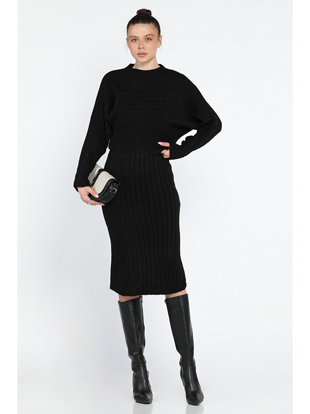 Siyah Kadın Bluz Elbise Kombinli İkili Triko Takım