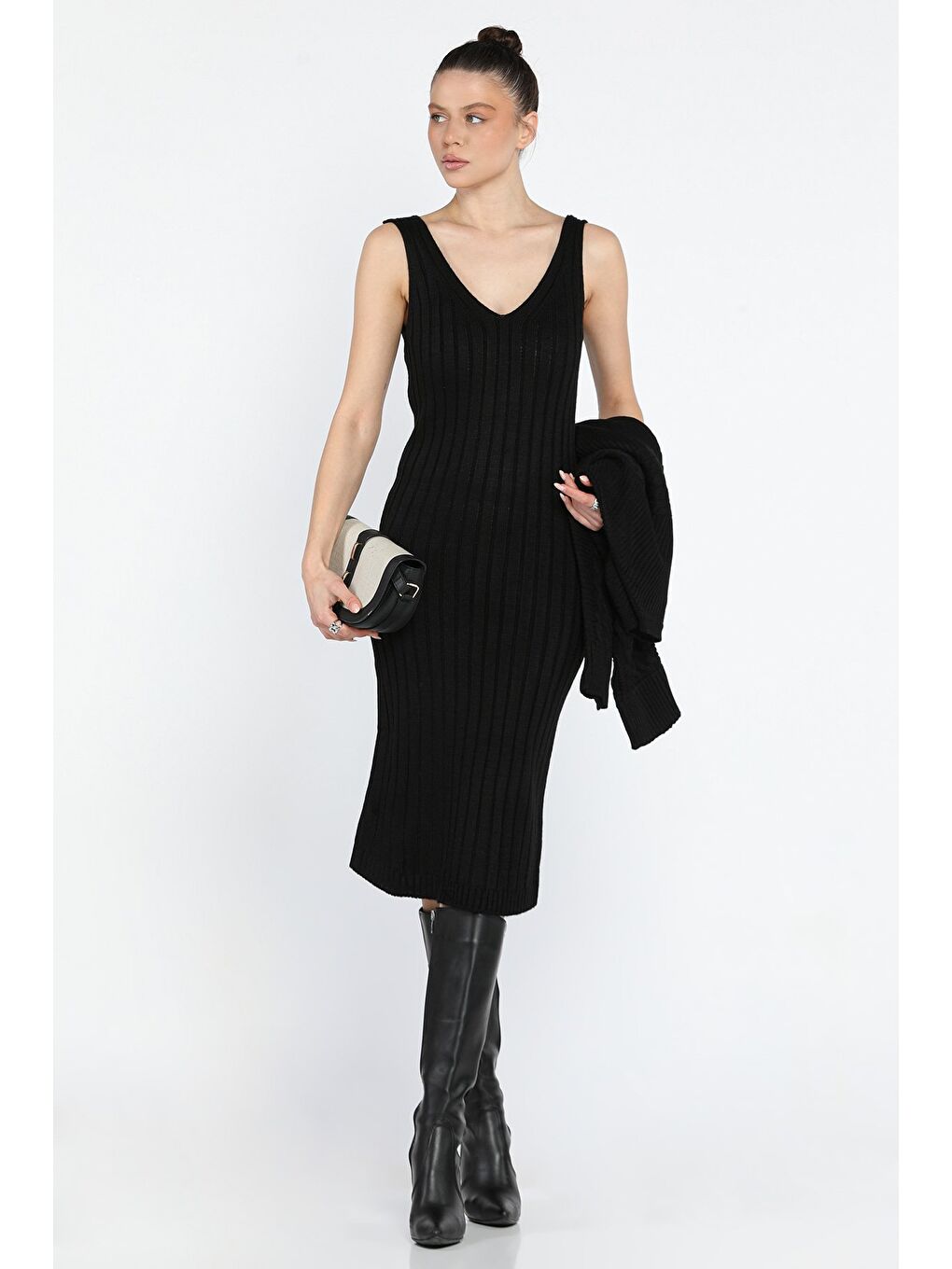 Siyah Kadın Bluz Elbise Kombinli İkili Triko Takım-1