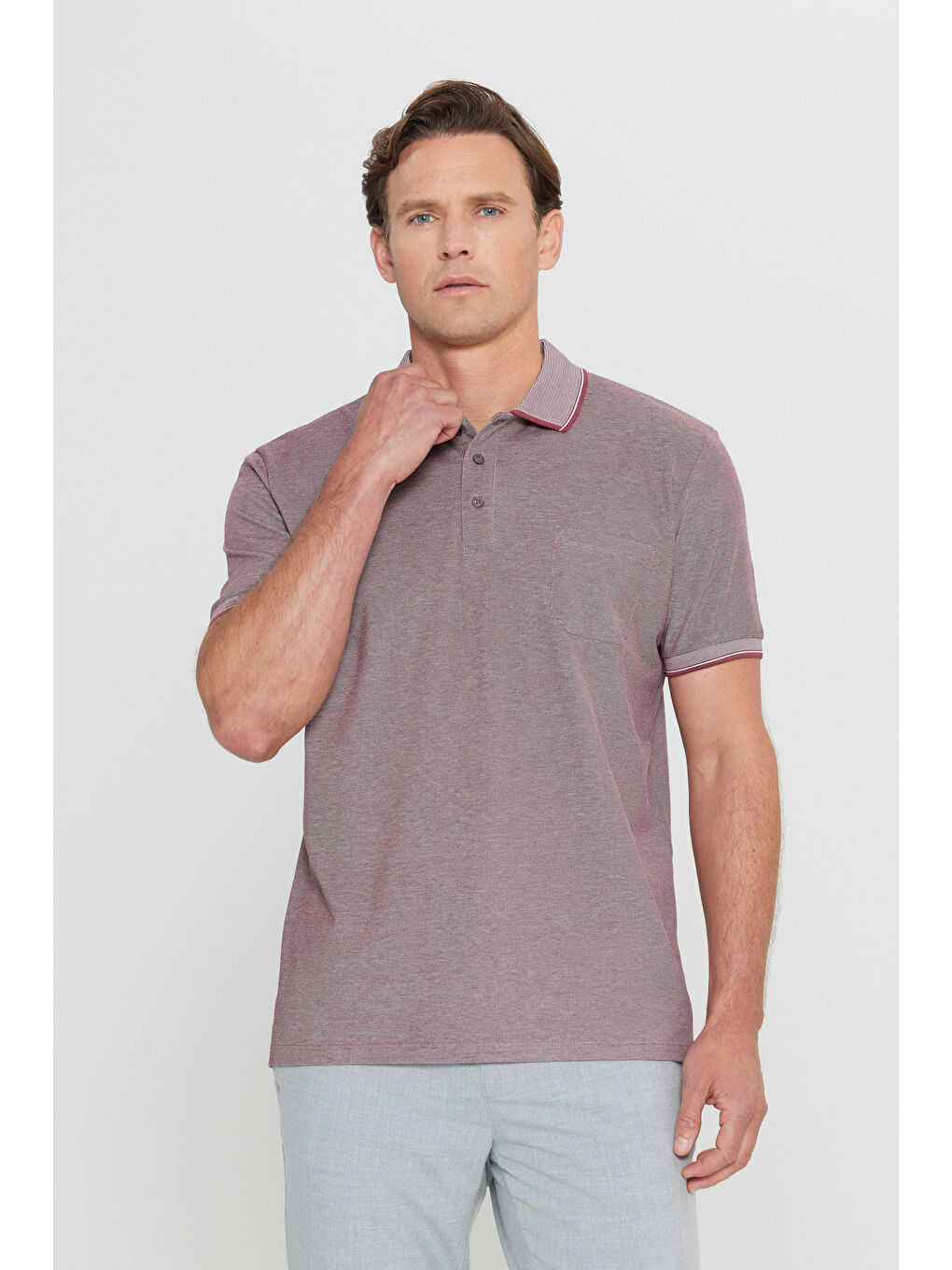 Erkek Bordo Pamuklu Comfort Fit Rahat Kesim Polo Yaka Cepli Tişört-2