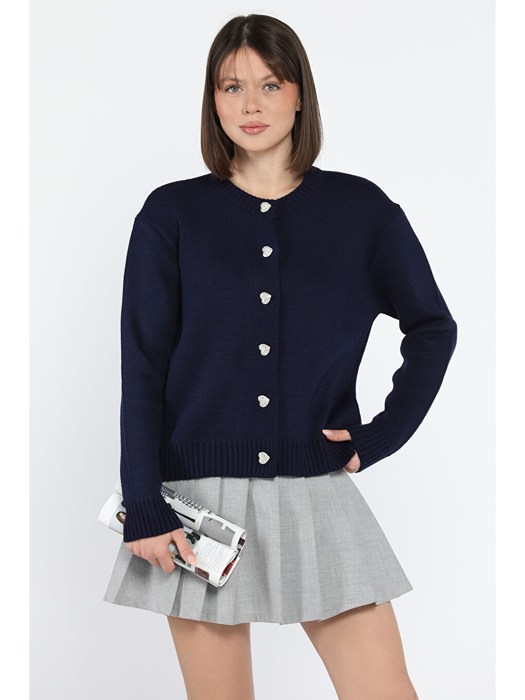 Lacivert Kadın Taşlı Kalp Figürlü Düğmeli Triko Hırka