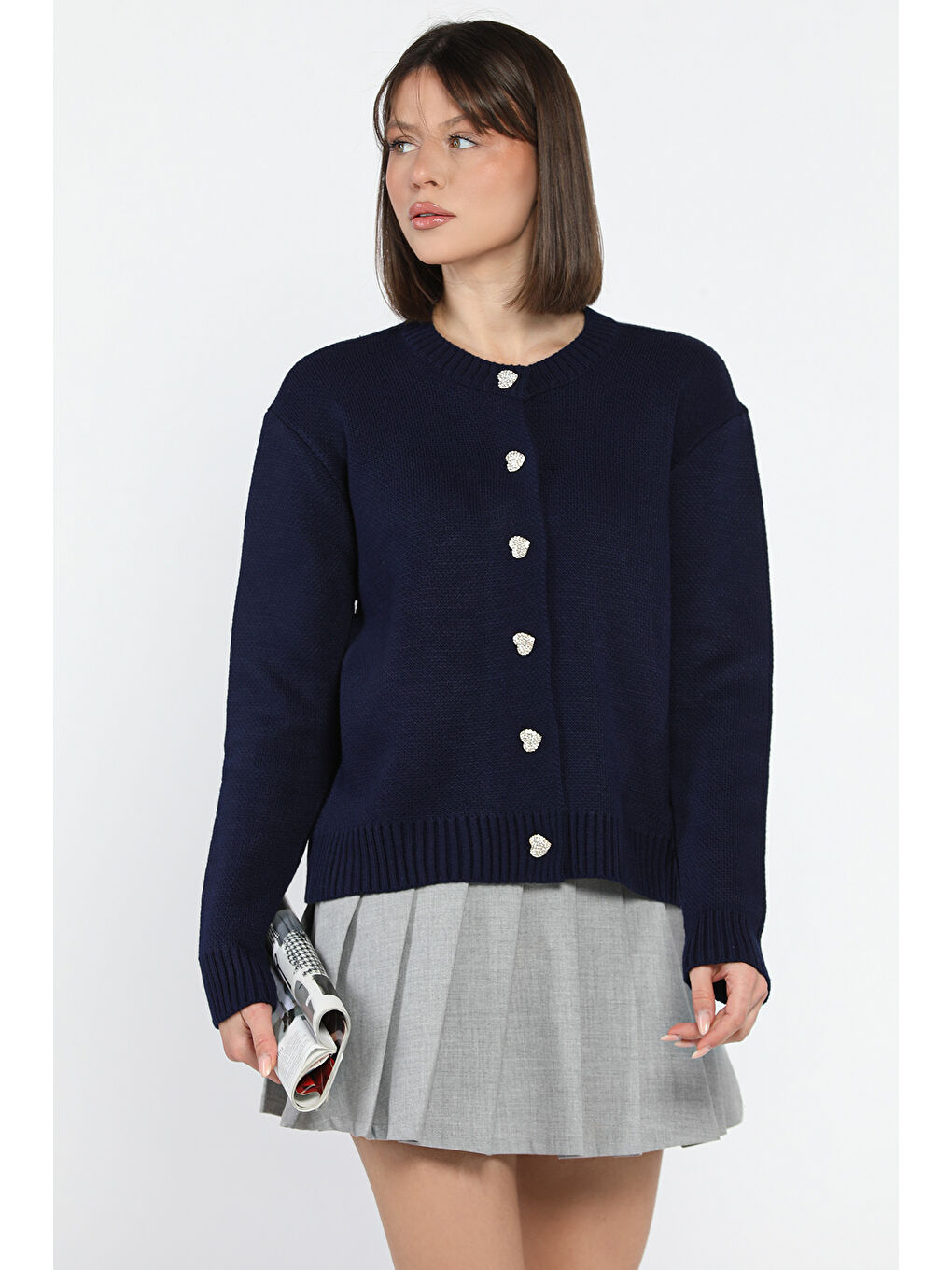 Lacivert Kadın Taşlı Kalp Figürlü Düğmeli Triko Hırka-1