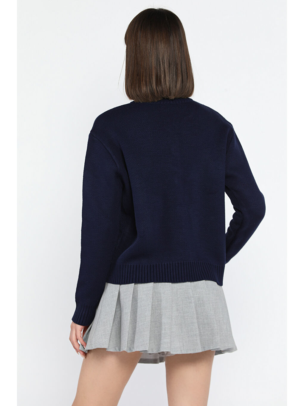 Lacivert Kadın Taşlı Kalp Figürlü Düğmeli Triko Hırka-2