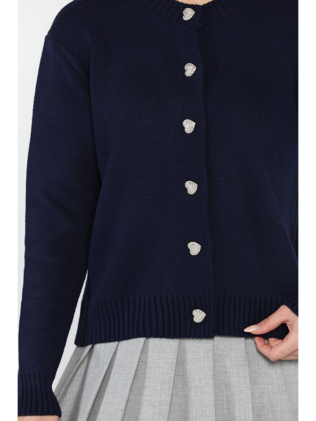 Lacivert Kadın Taşlı Kalp Figürlü Düğmeli Triko Hırka-3