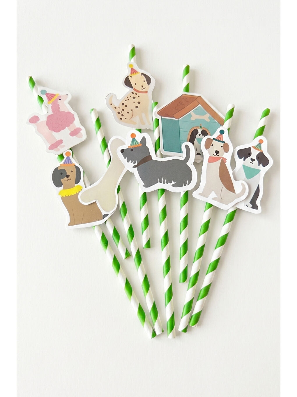 Yeşil 8'li Köpek Dostlarımız Temalı Kağıt Parti Pipeti