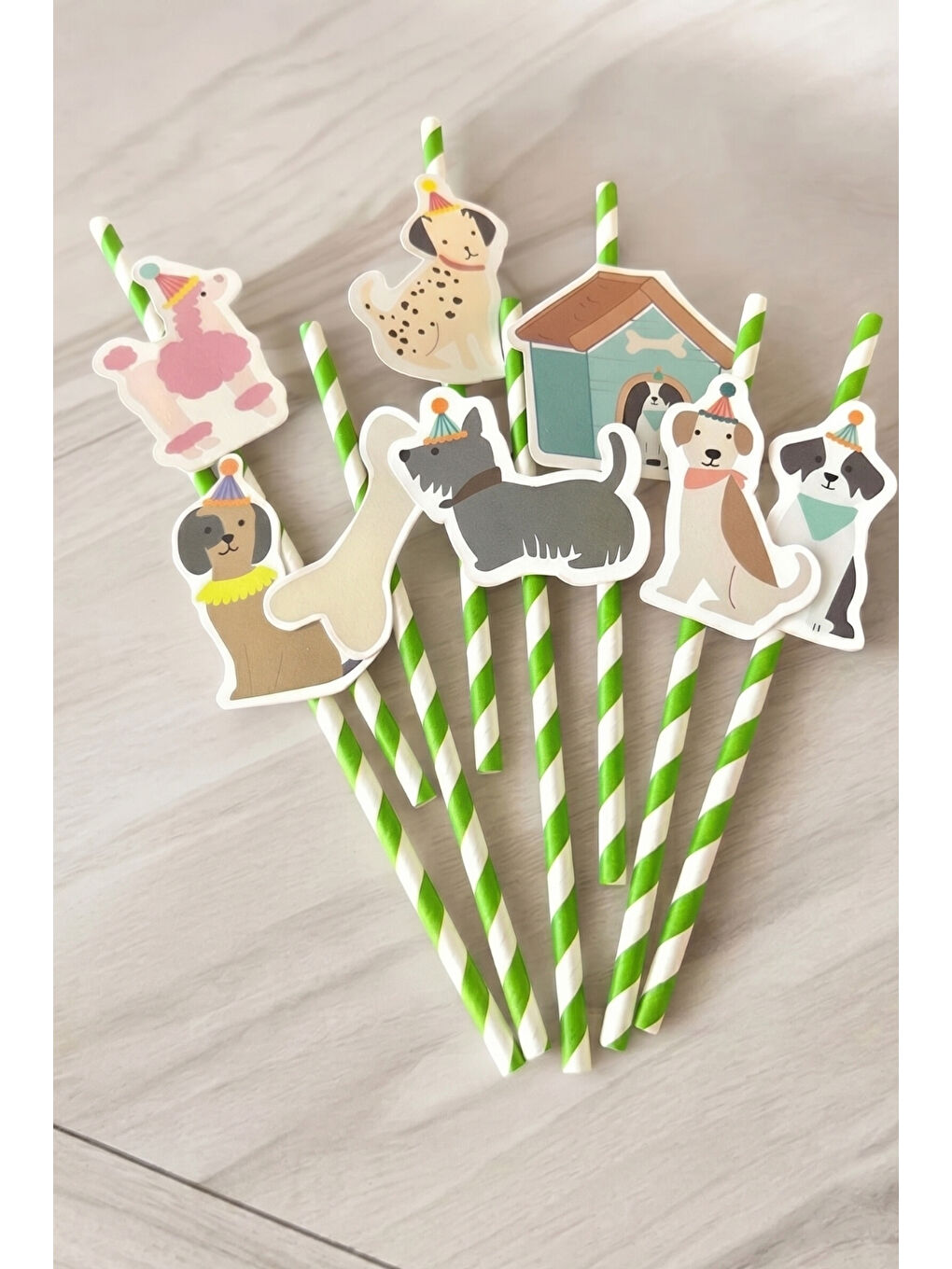 Yeşil 8'li Köpek Dostlarımız Temalı Kağıt Parti Pipeti-1