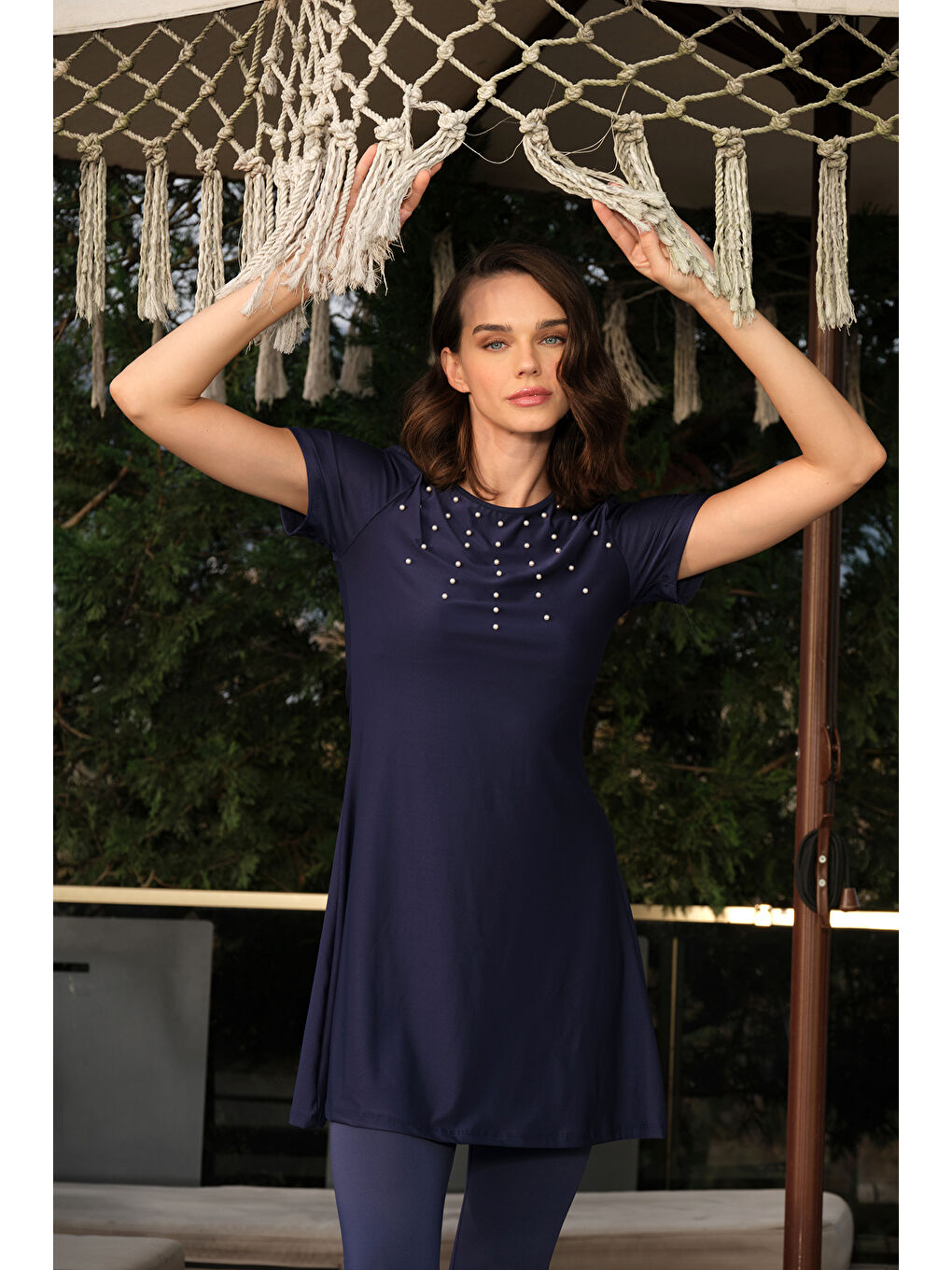 Kısa Kollu Taytlı Elastanlı Boncuk Detay Yarı Kapalı Mayo 24198 Lacivert-1