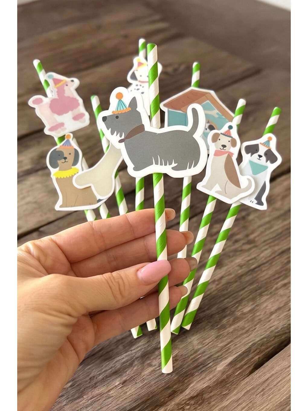 Yeşil 8'li Köpek Dostlarımız Temalı Kağıt Parti Pipeti-2