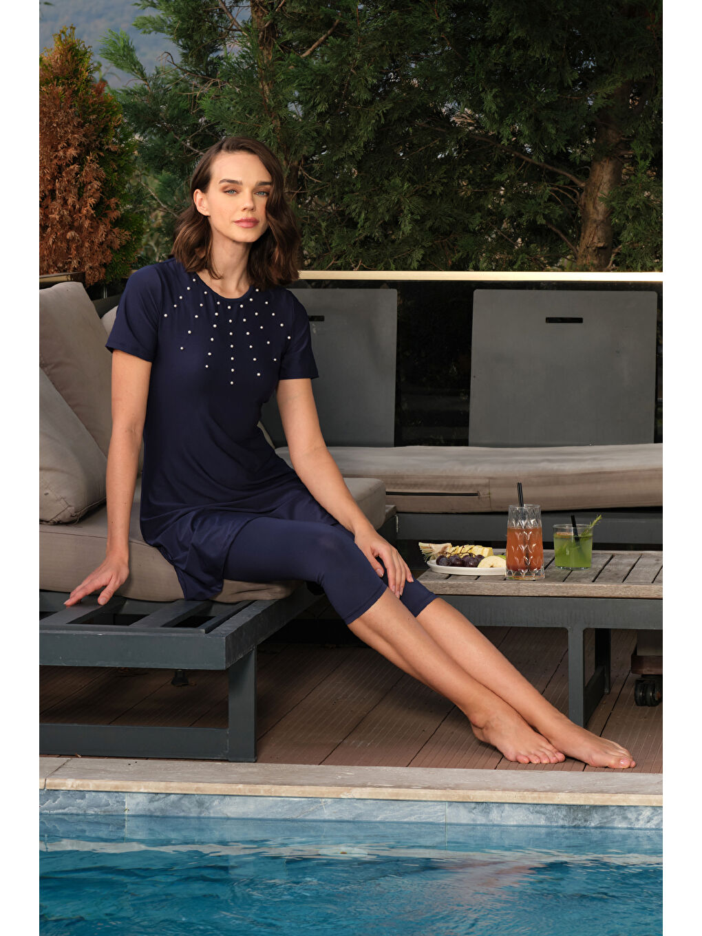 Kısa Kollu Taytlı Elastanlı Boncuk Detay Yarı Kapalı Mayo 24198 Lacivert-2